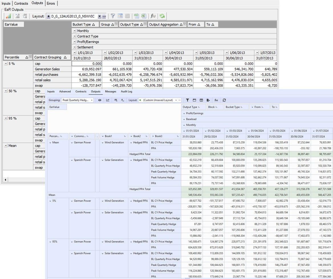An image depicting screenshots from Lacima's Renewables solution with capabilities across deal capture, deal analysis, portfolio analysis and risk analysis to assist with valuation, risk management and utilisation optimisation of portfolios of physical power generation assets and PPAs.